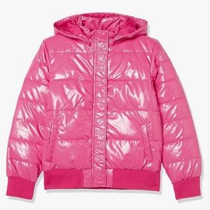 GUESS Girls Glitter Quilted Puffer Hooded Bomber Jacket - Souvenir Pink